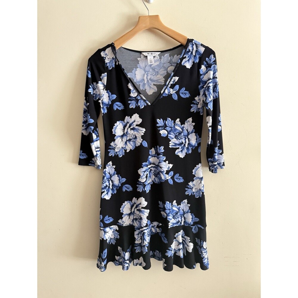 White House Black Market Black Blue Floral Print Ruffle Flounce Hem Dress‎ XS